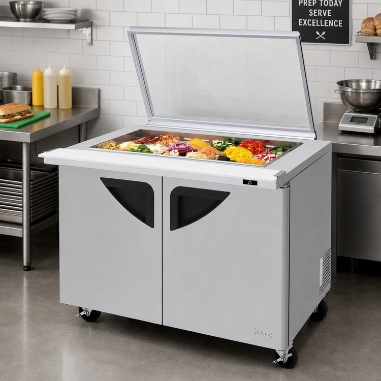 Product image #2 for Turbo Air Super Deluxe 48-1/4-Inch Two-Section Sandwich/Salad Mega Top Prep Table with Glass Lid, 18-Pan Capacity