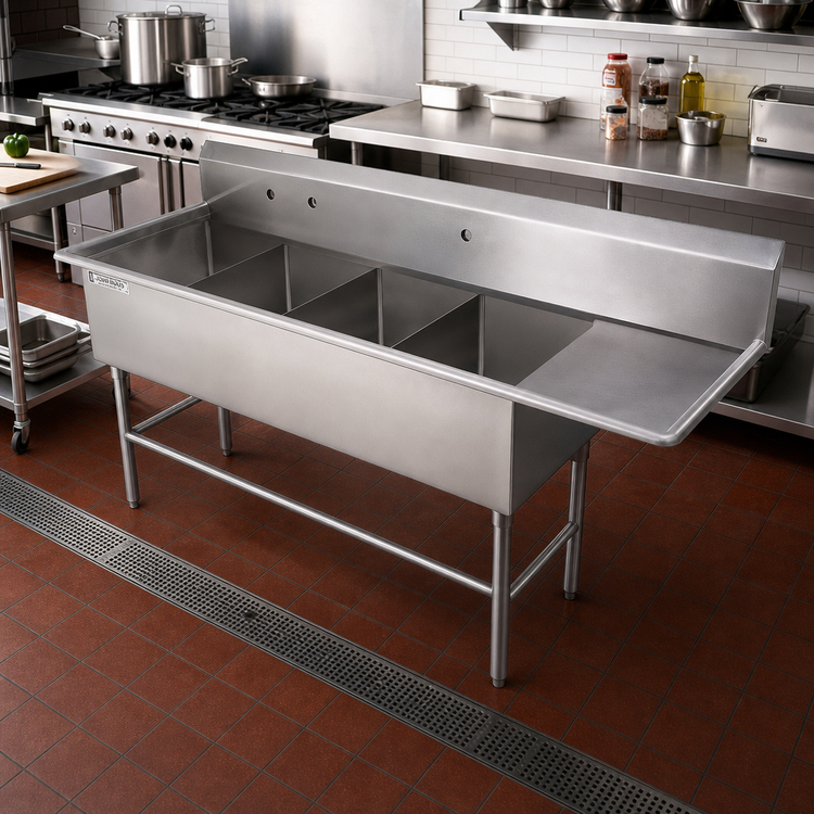 Product image #2 for John Boos Pro-Bowl 4-Compartment Floor Model Sink with Right Drainboard, 24 x 24 x 14 Inch Bowls