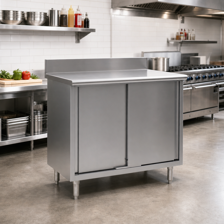 Product image #2 for Spec-Master Enclosed Work Table with Sliding Doors, 120-Inch W x 24-Inch D, Stainless Steel Top, and 4-1/2-Inch Backsplash
