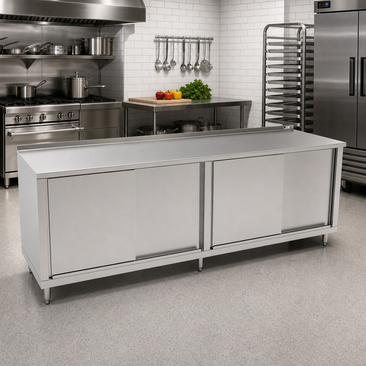 Product image #2 for John Boos 144" x 24" Stainless Steel Cabinet Base Work Table with Sliding Doors and 1-1/2" Rear Riser