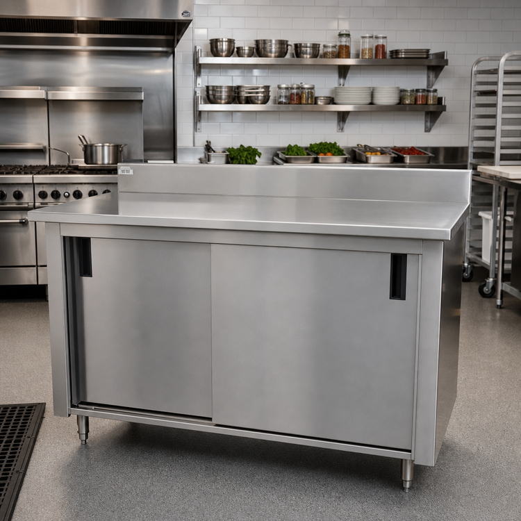 Product image #2 for Advance Tabco 120 x 30 Inch Enclosed Work Table with Cabinet Base, Sliding Doors, Mid-Shelf, and 14-Gauge 304 Stainless Steel Top