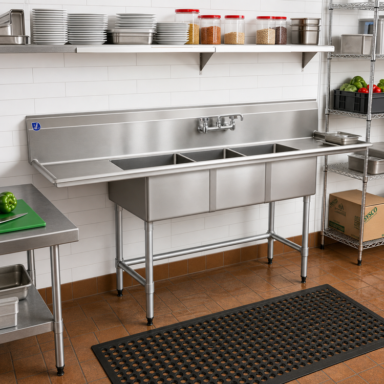 Product image #2 for BlendPort® BPFC Series 16-Gauge 304 Stainless Steel Three-Compartment Sink with Left Drainboard, 24" x 24" Bowls