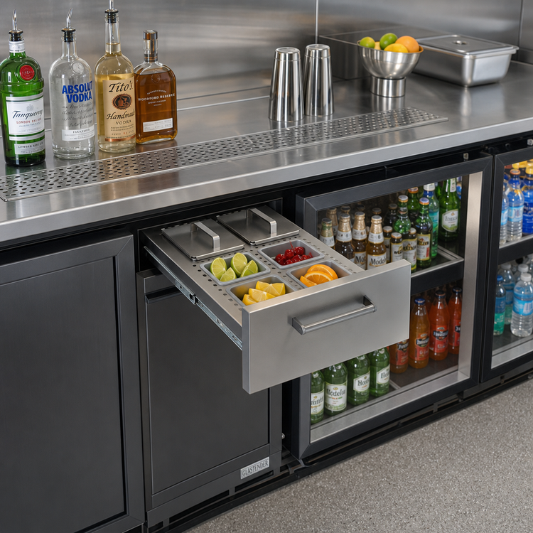 Product image #2 for Glastender Underbar Full-Size Condiment Drawer Insert for 12-Inch Door Opening, Side-Serviced, Low Profile, 6 Cups