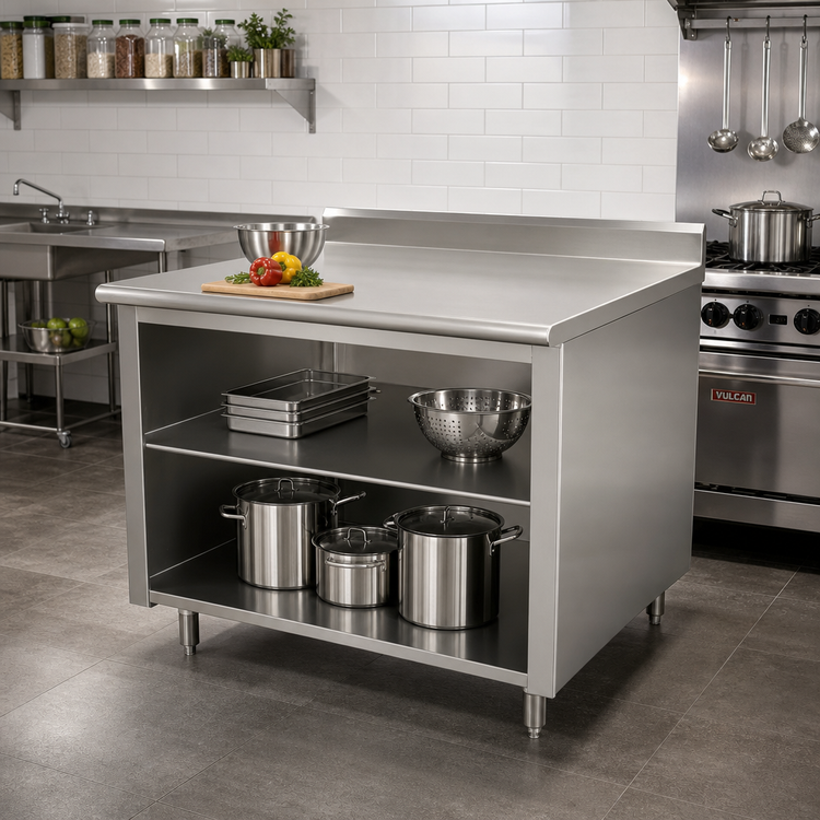 Product image #2 for Advance Tabco 60 Inch x 30 Inch 14 Gauge 304 Stainless Steel Work Table with Open Front Cabinet Base, Mid-Shelf, and 5 Inch Backsplash
