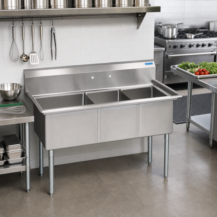 Product image #2 for BK Resources 53 Inch Three Compartment Stainless Steel Sink with 9 Inch Backsplash, No Drainboards, Galvanized Legs