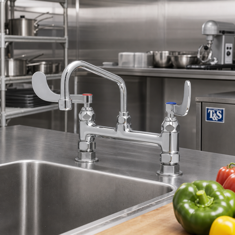 Product image #2 for T&S Brass Deck-Mount Double Pantry Mixing Faucet with 8" Adjustable Centers and 6" Swing Nozzle