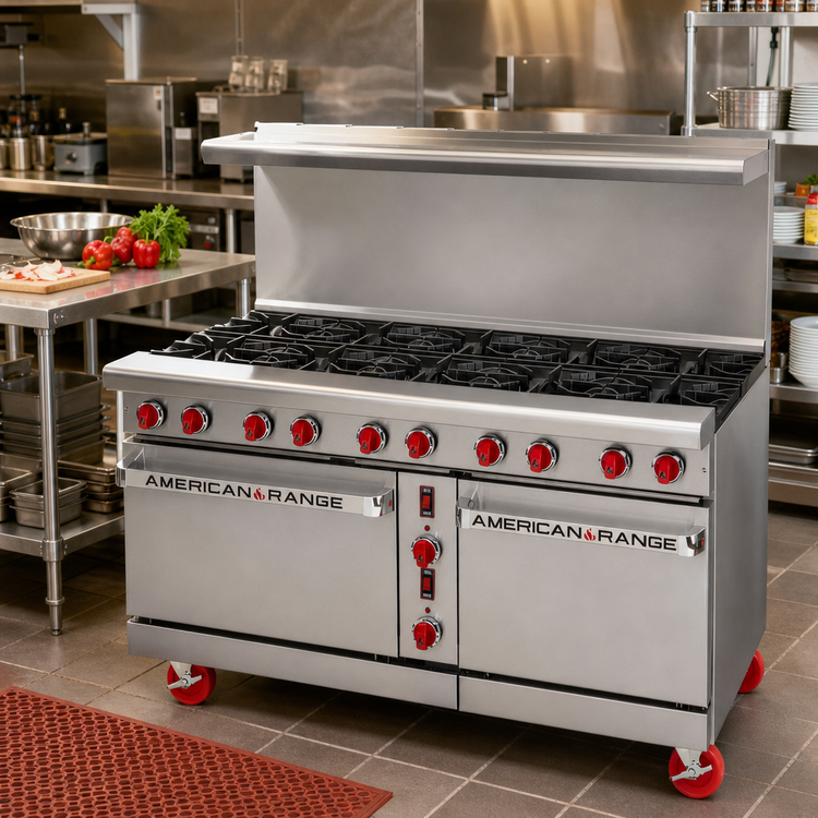 Product image #2 for American Range 60-Inch Green Flame Commercial Gas Range with 10 Open Burners, Standard Left Oven, Space Saver Right Oven, and Backriser Shelf