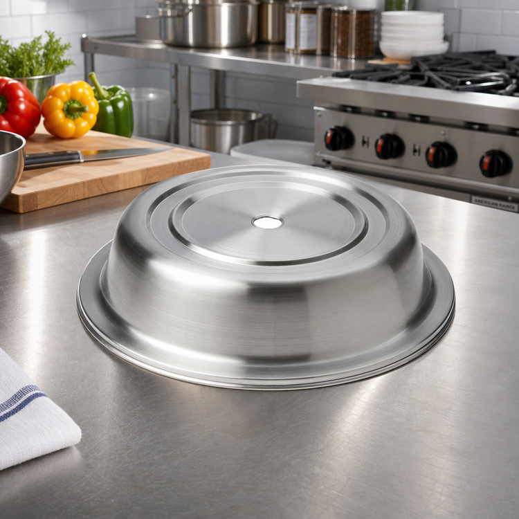 Product image #2 for American Metalcraft 12-Inch Round Stainless Steel Plate Cover with Finger Hole, Standard Foot