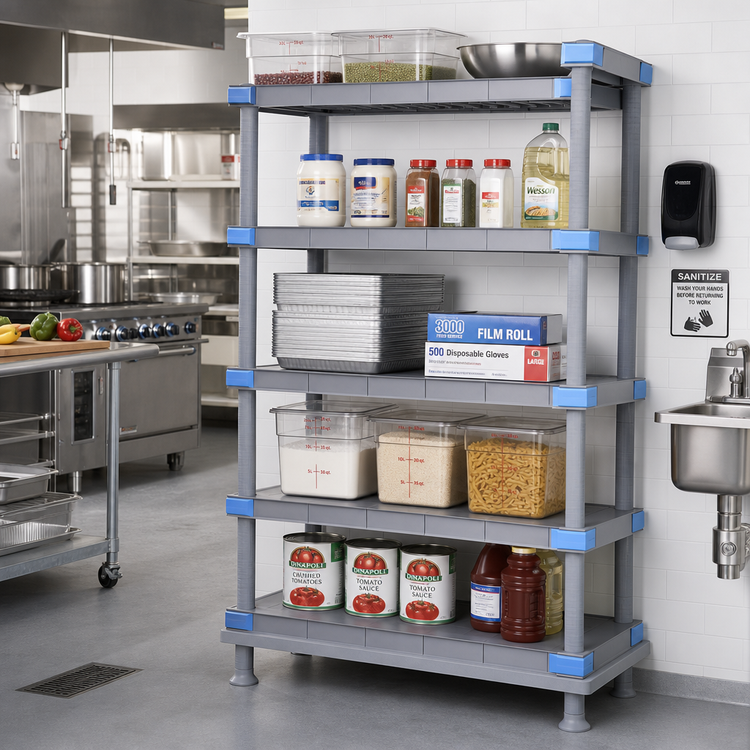 Product image #2 for Quantum Millenia 5-Shelf Polymer Shelving Unit with Dunnage Stand, 72 x 18 x 62 Inches, Gray