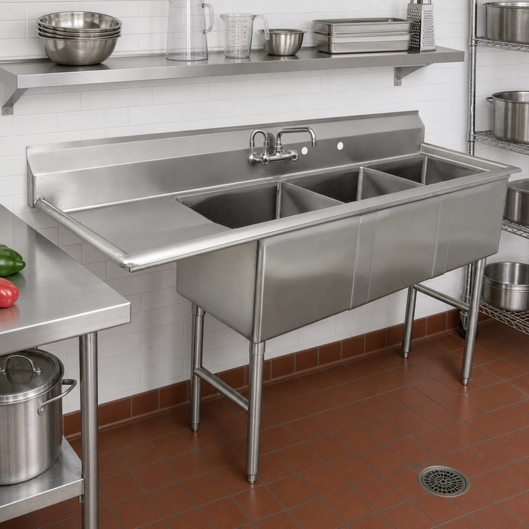 Product image #2 for Advance Tabco Special Value Series 3-Compartment Fabricated Sink with Left Drainboard, 16 Gauge 304 Stainless Steel, 68-1/2 Inch