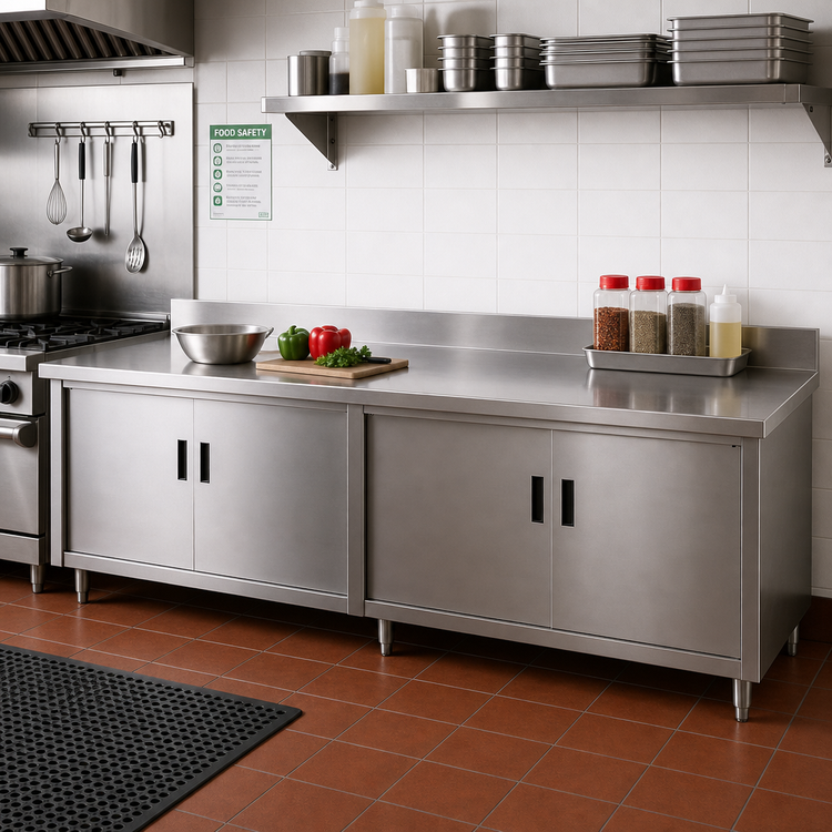 Product image #2 for Advance Tabco Special Value Series 120-Inch x 30-Inch 16-Gauge 304 Stainless Steel Cabinet Base Work Table with Mid-Shelf, Hinged Doors, and 5-Inch Backsplash