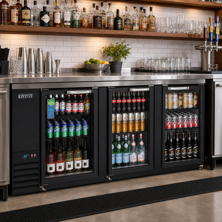 Product image #2 for Everest Refrigeration Three-Section Glass Door Back Bar Cooler, 89-1/4 Inch, 32 Cu. Ft., Stainless Steel Top, Black Exterior