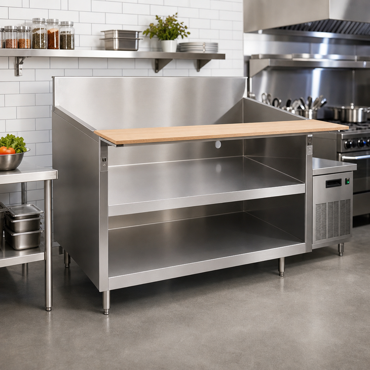 Product image #2 for La Rosa Refrigeration Open Cabinet Stainless Steel Equipment Stand with Richlite Cutting Board, 102 Inch x 30.5 Inch