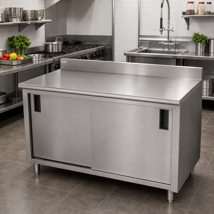 Product image #2 for Advance Tabco Enclosed Work Table with Cabinet Base, 120W x 36D, 14-Gauge 304 Stainless Steel Top, Sliding Doors, 5-Inch Backsplash