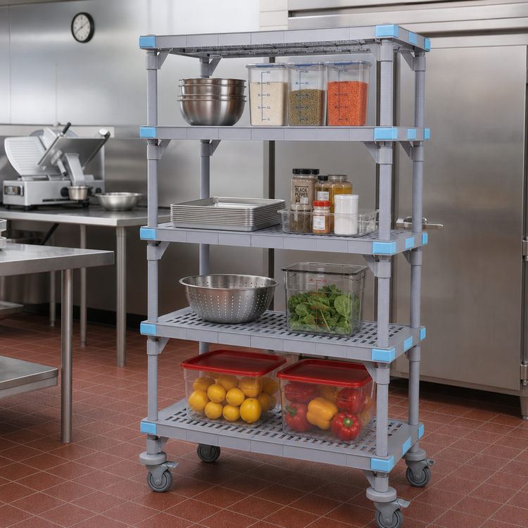 Product image #2 for Millenia Mobile Polymer Starter Shelving Unit with 4 Open Grid Shelves, 60 x 21 x 62 Inches