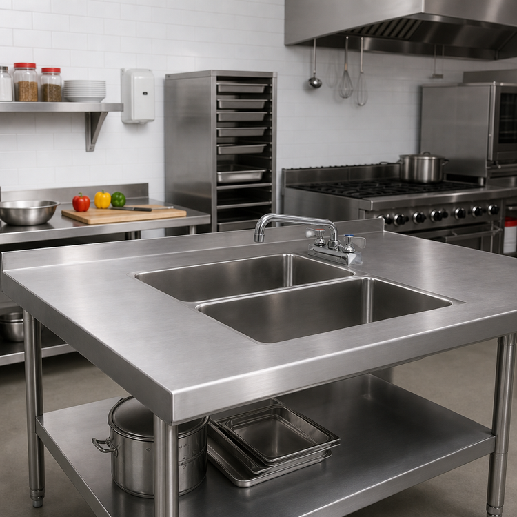 Product image #2 for Advance Tabco Welded Double Bowl Sink Table Top with 36" x 24" x 14" Bowls and Faucet Included