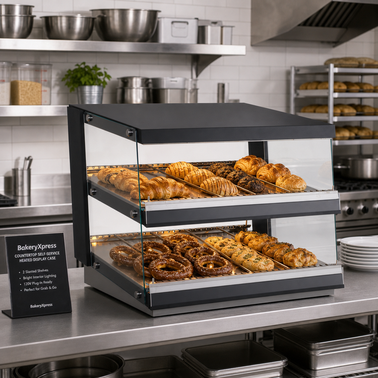 Product image #2 for BakeryXpress Countertop Self-Service Heated Food Display Case with 2 Slanted Shelves, 31-1/2 Inch Wide, 120V