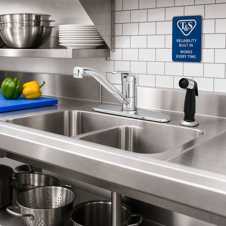 Product image #2 for T&S Brass Single-Lever Deck-Mounted Manual Faucet with 9-Inch Spout and Side Spray