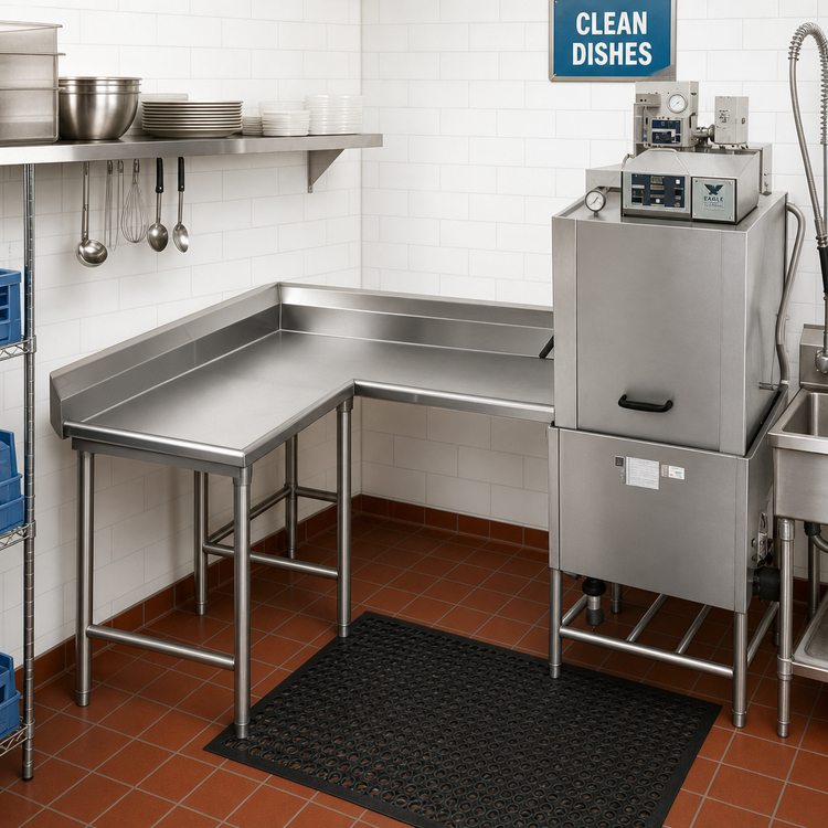 Product image #2 for Eagle Group Corner Clean Dishtable, 72 Inch Machine-to-Corner x 60 Inch Corner-to-End, 30 Inch Deep, 16-Gauge 304 Stainless Steel Top