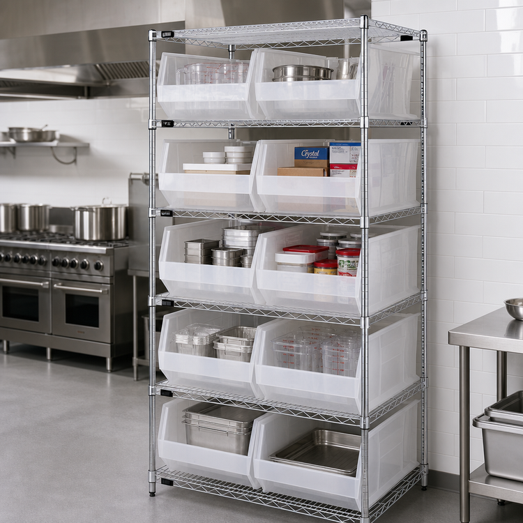 Product image #2 for Quantum 36-Inch Wide 6-Shelf Chrome Plated Stationary Bin Wire Shelving System with 10 Clear Bins