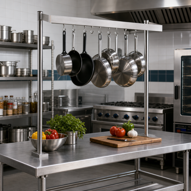 Product image #3 for 48-Inch Adjustable U-Shaped Table-Mounted Pot Rack with Double-Prong Hooks