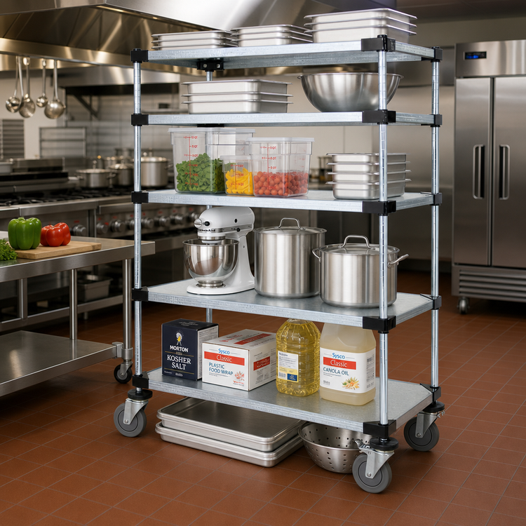 Product image #2 for Quantum 60-Inch Wide Mobile Wire Shelving Cart with 5 Solid Galvanized Steel Shelves