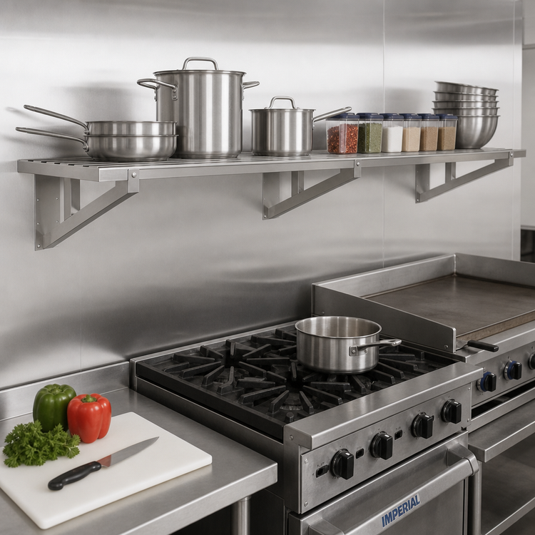 Product image #2 for Advance Tabco DT21-4 Heavy Duty Slotted Cook Line Wall Shelf, 48 x 21 Inches, 304 Stainless Steel