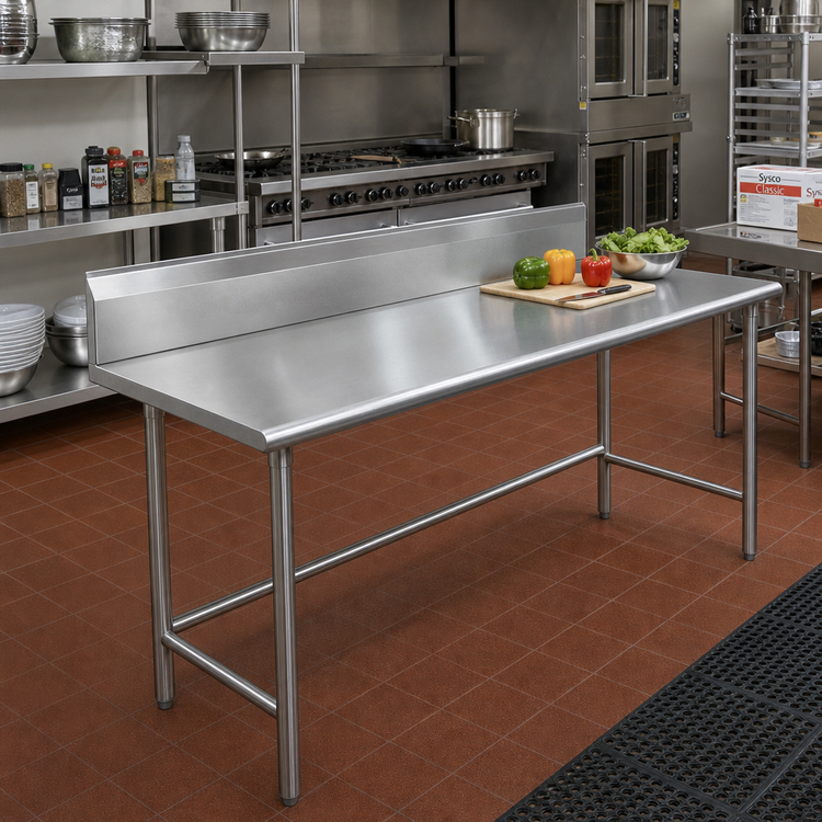 Product image #2 for Advance Tabco TVKS-309 108-Inch x 30-Inch Stainless Steel Work Table with 10-Inch Backsplash and Open Base