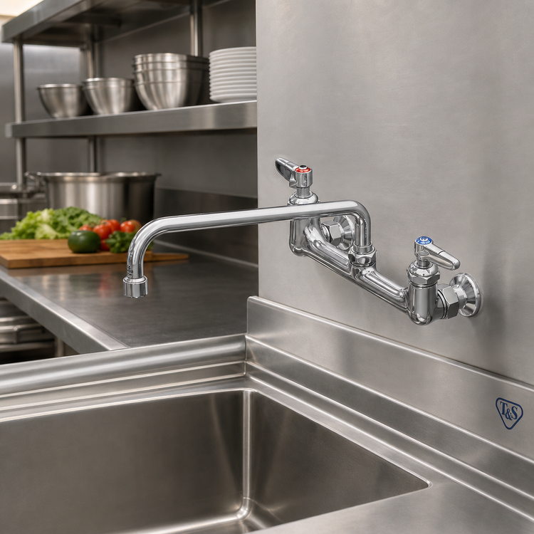 Product image #2 for T&S Brass B-2299-VF22-CR Wall-Mount Mixing Faucet with Swivel Base, 8-Inch Adjustable Centers, 14-Inch Swing Nozzle and 2.2 GPM Vandal-Resistant Aerator