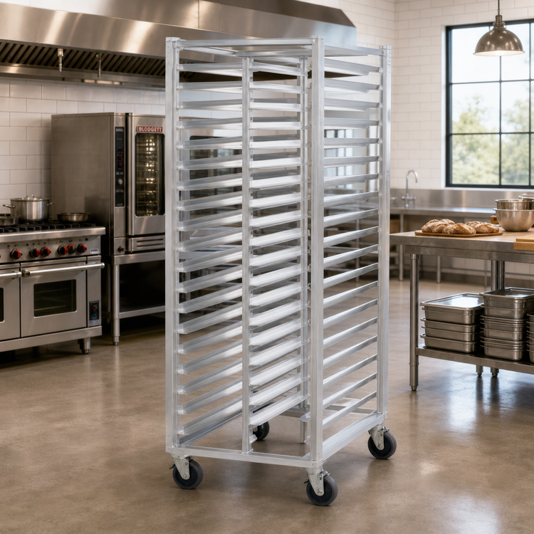 Product image #2 for Double-Width Aluminum Pan Rack for 18" x 26" Trays, 78-Tray Capacity, End Loading, 5" Casters
