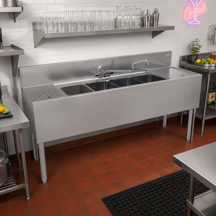 Product image #2 for Glastender Four-Compartment Underbar Sink Unit with Left and Right Drainboards, 72 x 24 Inches, Stainless Steel
