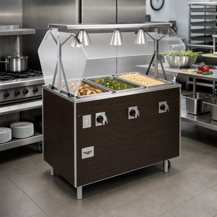 Product image #2 for Vollrath 2-Series Affordable Portable 3-Well Hot Food Station Deluxe with Buffet Breath Guard and Lights, Walnut Woodgrain