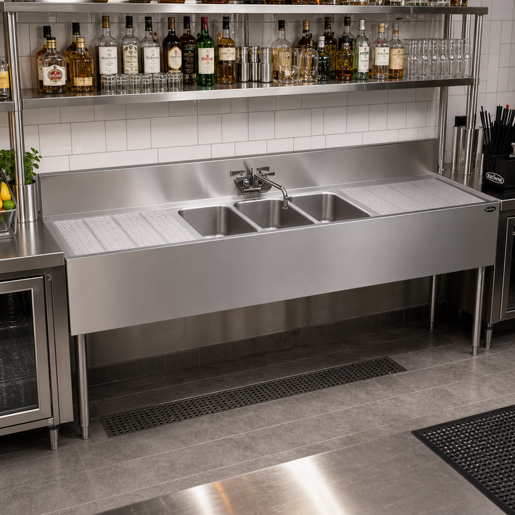 Product image #2 for Krowne Royal Series 84-Inch Wide x 19-Inch Deep Three-Compartment Stainless Steel Underbar Sink Unit with Dual Drainboards and Faucet