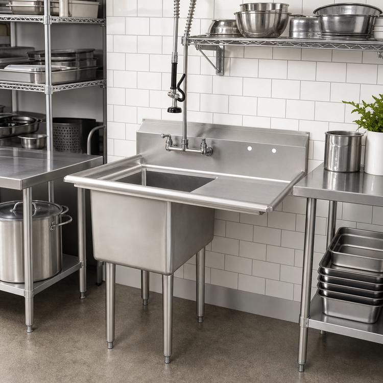 Product image #2 for Omcan USA 1-Compartment Pot Sink with Right-Hand Drainboard, 24 x 24 x 14-Inch Bowl, 304 Stainless Steel
