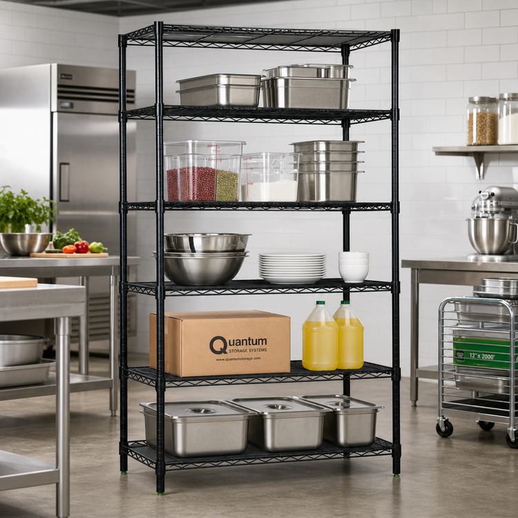Product image #2 for Quantum Wire Shelving Starter Kit, 60 x 24 x 63 Inches, 5 Shelves, Black Epoxy Antimicrobial Finish