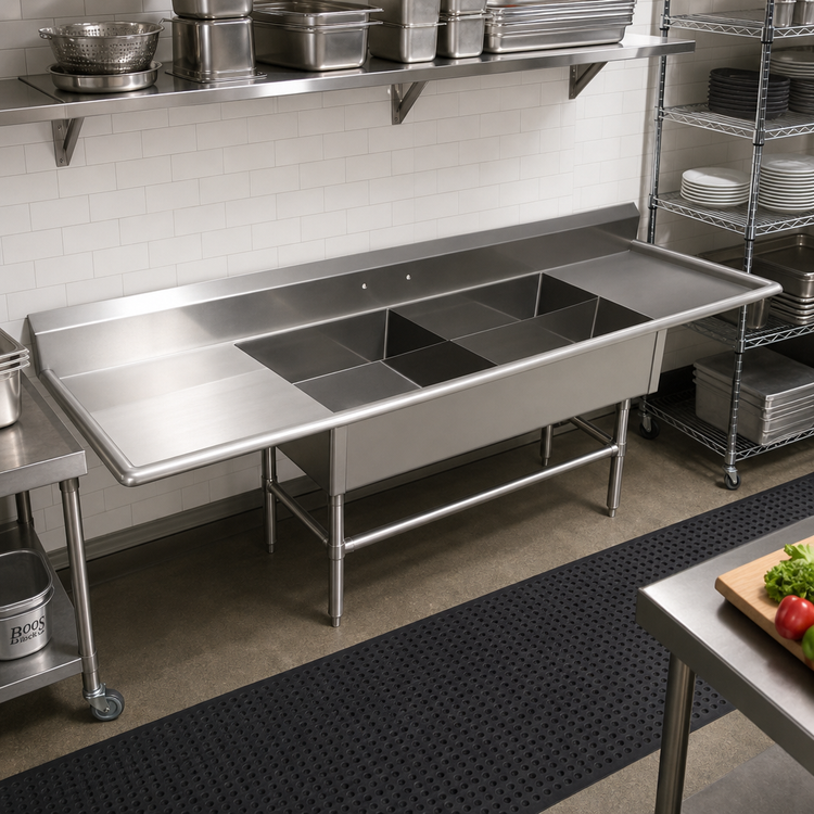Product image #2 for John Boos Pro-Bowl 3-Compartment Platter Sink with 30-Inch Left & Right Drainboards, 12-Inch Deep Bowls, 14-Gauge Stainless Steel