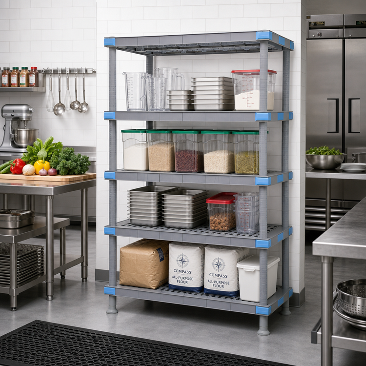 Product image #2 for Quantum Millenia 60" W x 24" D x 50" H Gray Polymer Shelving Unit with 4 Open Grid Shelves and Dunnage Stand