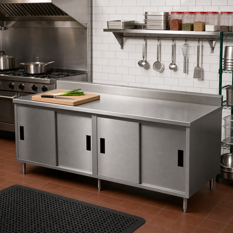 Product image #2 for BK Resources Stainless Steel Chef Table with Sliding Doors, Cabinet Base, 96 x 30 Inches, 5-Inch Backsplash