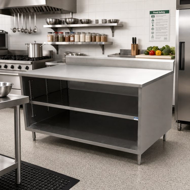 Product image #2 for BK Resources 60 x 30 Inch 304 Stainless Steel Chef Table Cabinet Base with Open Front and 5-Inch Riser