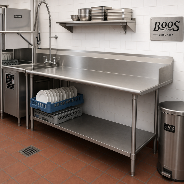 Product image #2 for John Boos Pro-Bowl 108-Inch Straight Clean Dishtable with 10-Inch Boxed Backsplash, Right-to-Left Operation, 14-Gauge Stainless Steel