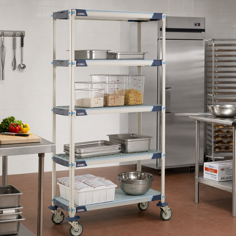 Product image #2 for MetroMax i 5-Tier Mobile Polymer Shelving Unit with Open Grid Shelves and Solid Bottom Shelf, 36W x 18D x 80H