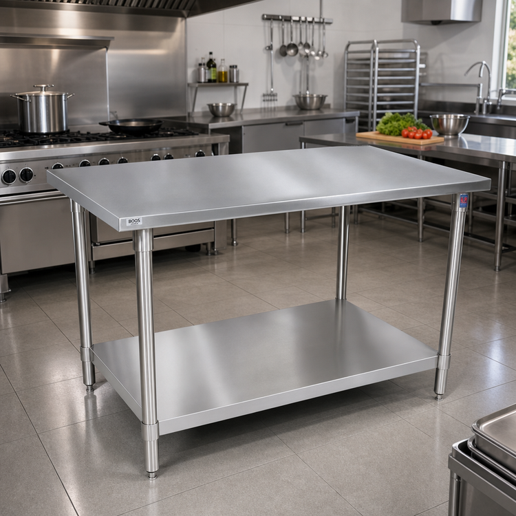 Product image #2 for John Boos Stallion 84 Inch x 36 Inch 14-Gauge Stainless Steel Flat Top Work Table with Stallion Safety Edge and Adjustable Undershelf