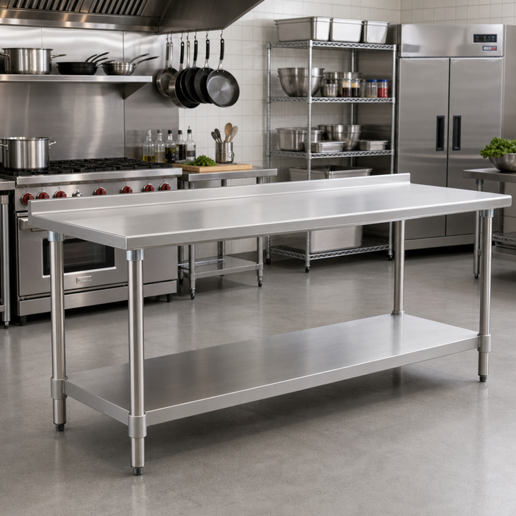 Product image #2 for Deluxe Series 16 Gauge 300 Series Stainless Steel Work Table with Rear Upturn and Adjustable Undershelf, 84 in. x 36 in.