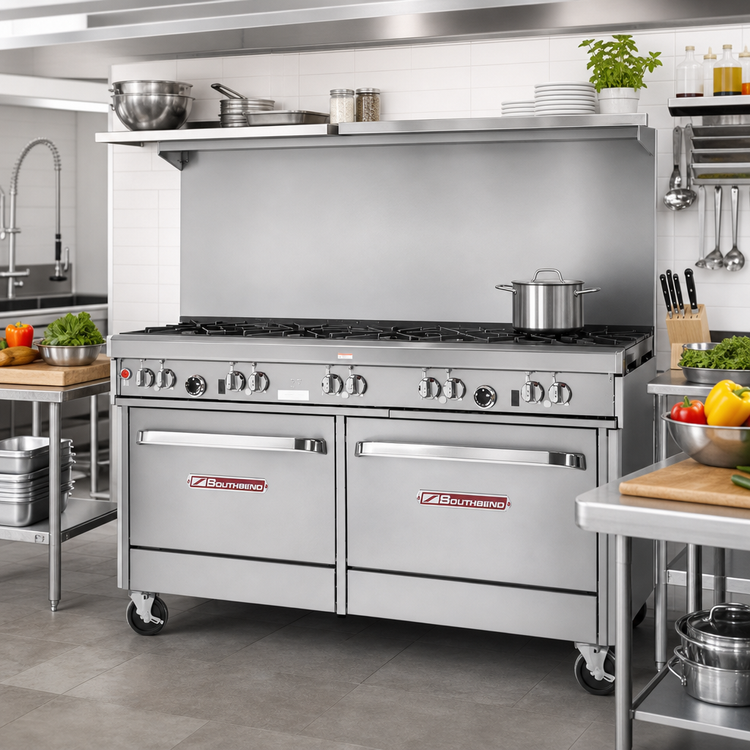 Product image #2 for Southbend Ultimate 60-Inch Gas Restaurant Range with 9 Open Burners, Convection Oven, and Cabinet Base