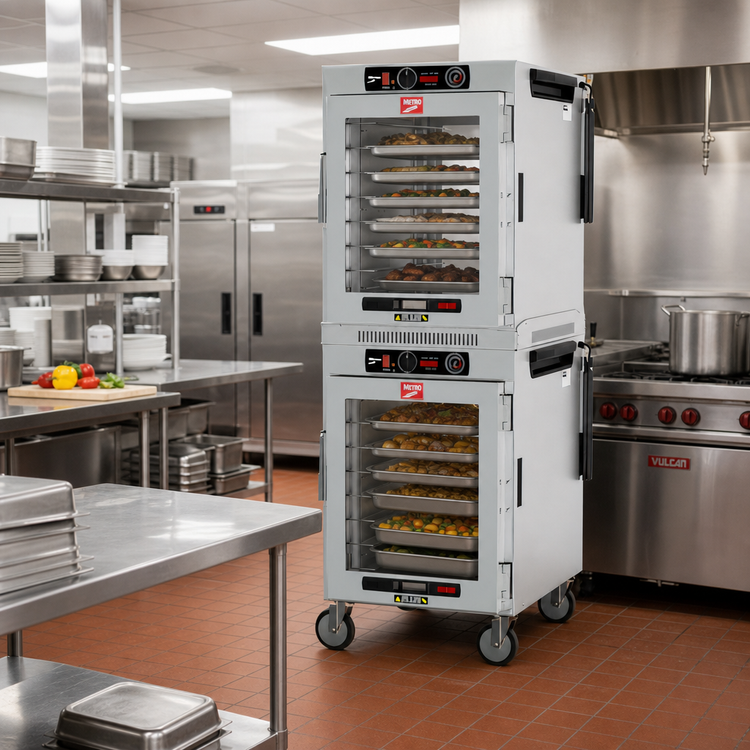 Product image #3 for Metro HotBlox™ Wide 16-Pan Mobile Pass-Thru Dual-Cavity Insulated Holding Cabinet with Clear Front and Rear Doors, Analog Control