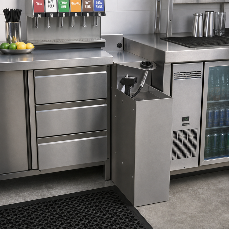 Product image #2 for Glastender Extra Deep Stainless Steel Underbar Soda Gun Holder with Integral Drip Pan, 6W x 24D x 25H