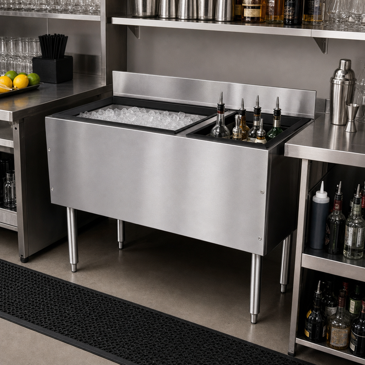 Product image #2 for CHOICE 48-Inch Stainless Steel Underbar Combo Ice Bin/Cocktail Unit with Bottle Well Storage