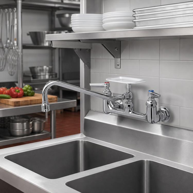 Product image #2 for T&S Brass 8-Inch Wall-Mounted Double Pantry Mixing Faucet with Swing Nozzle and Soap Dish