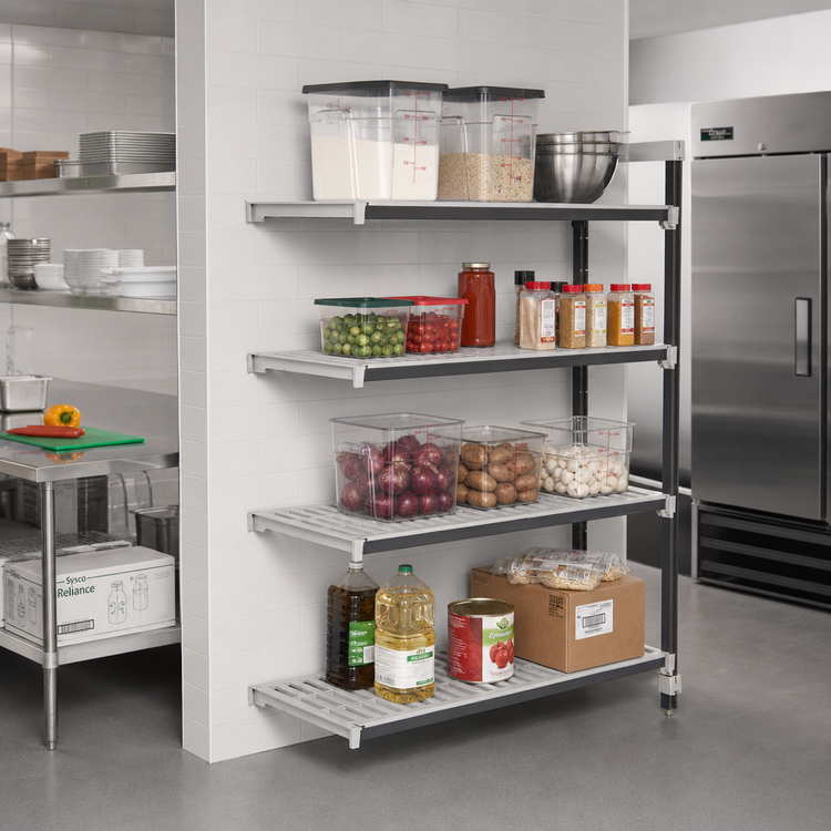 Product image #2 for Cambro Camshelving Elements XTRA 18-Inch Deep x 54-Inch Long x 84-Inch High 4-Tier Vented Stationary Add-On Polymer Shelving Unit