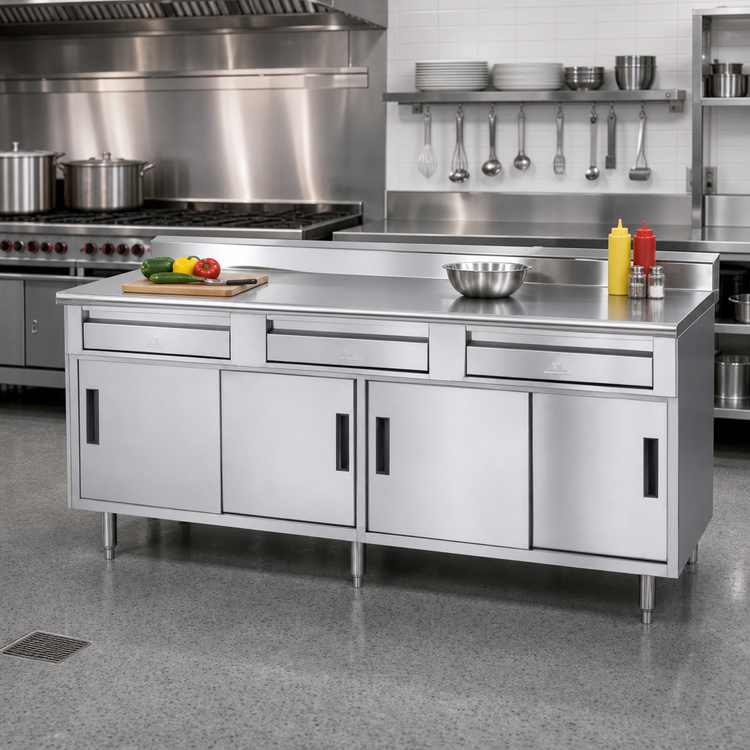 Product image #2 for Advance Tabco 60 Inch x 30 Inch 14-Gauge 304 Stainless Steel Storage Cabinet Work Table with 5-Inch Backsplash, 2 Drawers, and Sliding Doors